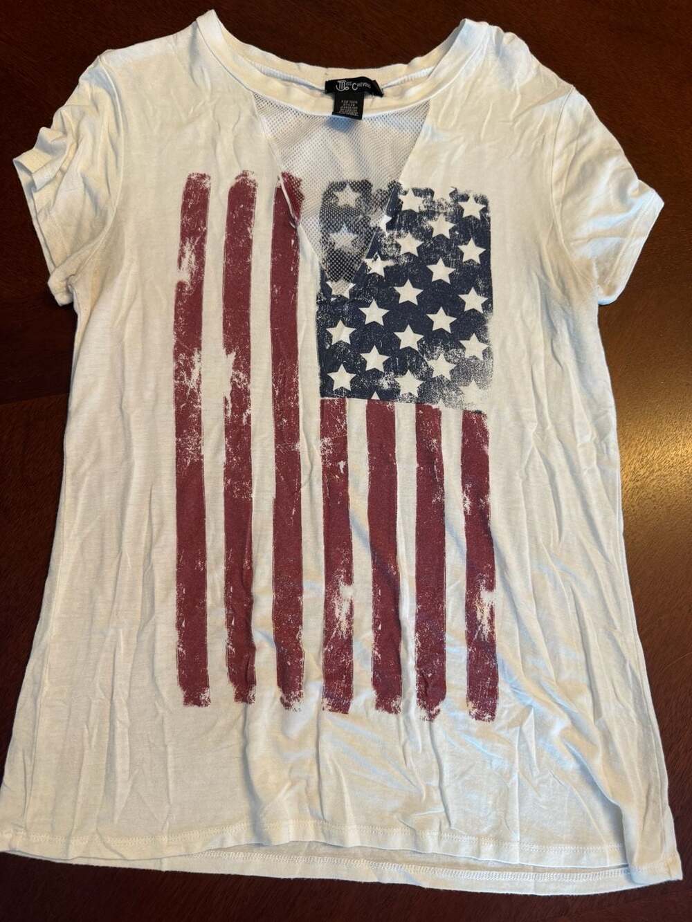 Miss Chievous American Flag T-Shirt Size M White Rayon Blend Short Sleeve